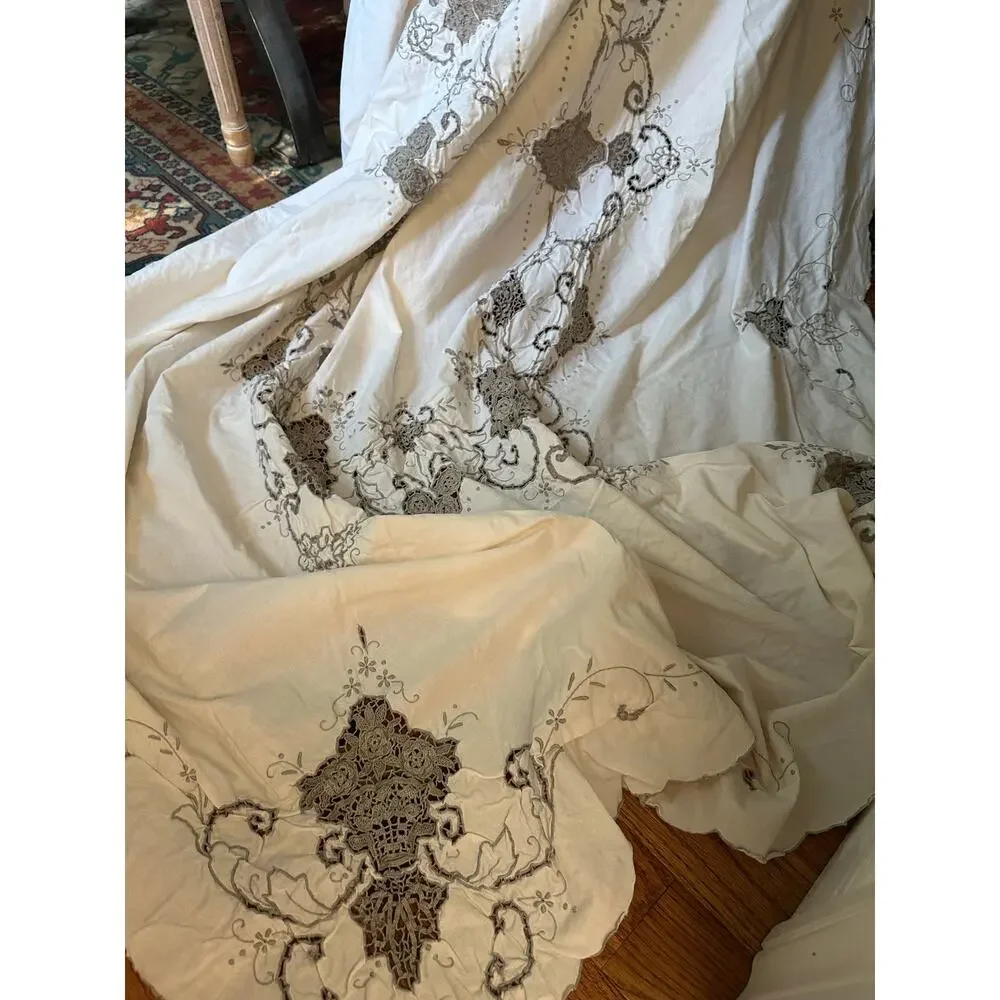 Vintage Tablecloth Embroidered 140x60” gray off white Scalloped Edge cutout